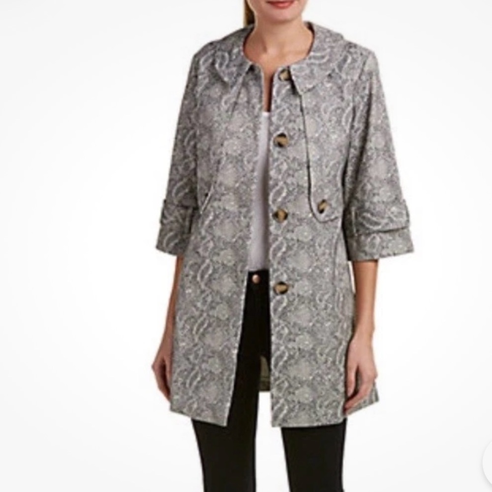 CABI Camille Grey Snakeskin Trench Coat Sz XS